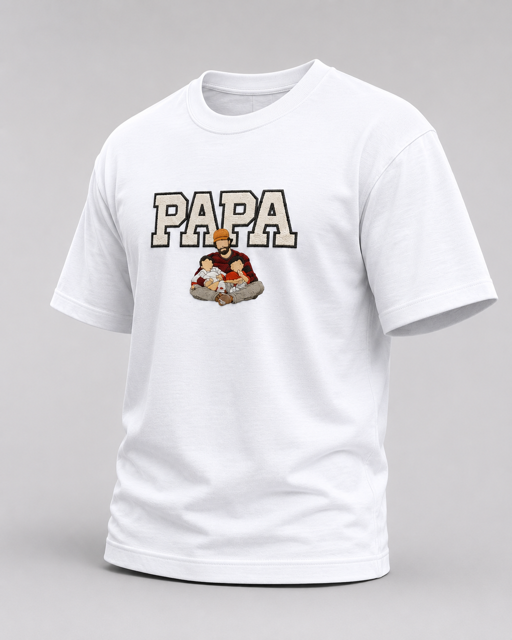 white oversized T-shirt with PAPA graphic